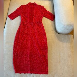 Express Red Sheath Dress with Mandarin Collar and 3/4 Sleeves, Size 6